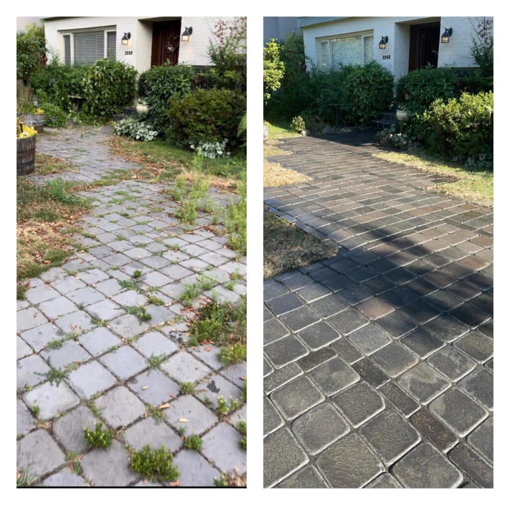 Before and after comparison of a paver driveway cleaned and sealed by Lyonridge Property Services